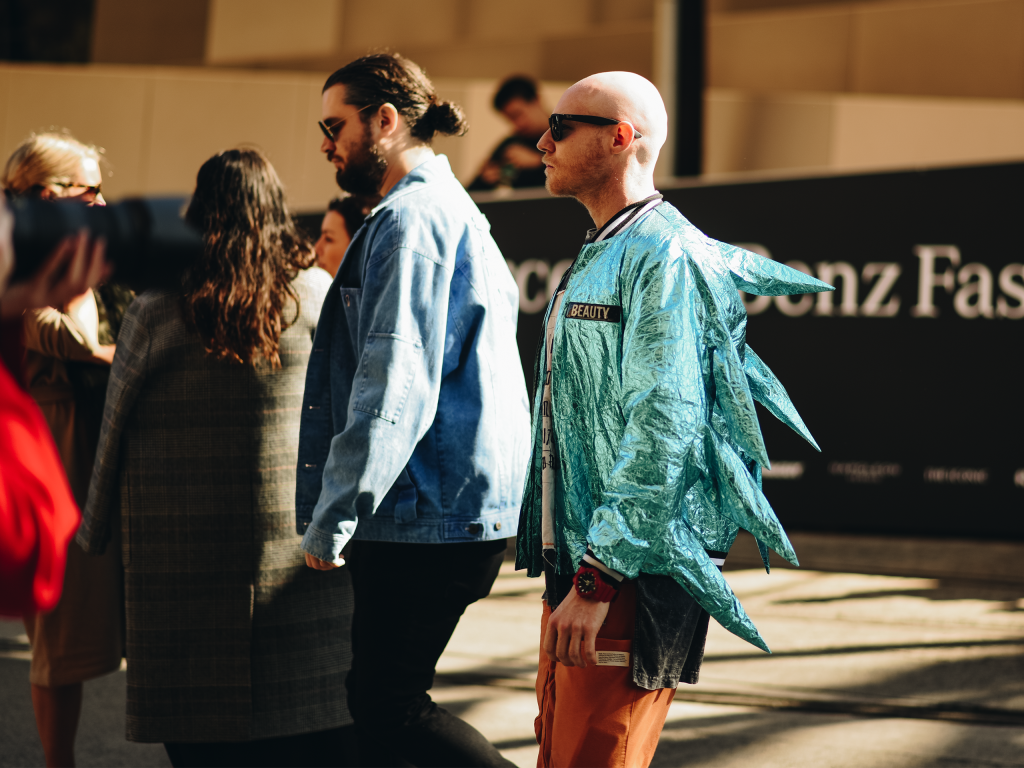 Guy dressed in foil jacket with protruding spikes at Mercedes Benz Fashion Week 2018. (Shot by Jeffrey Zhou)