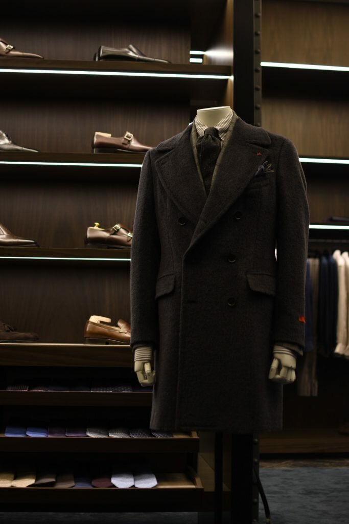 Isaia Marshall Double Breasted Charcoal Coat available at Masons, Melbourne | Photo via. Masons