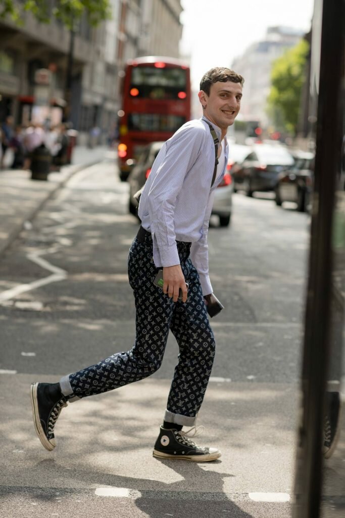 London Fashion Week Men’s S/S 2019 Louis Vuitton Denim Trousers with monogram